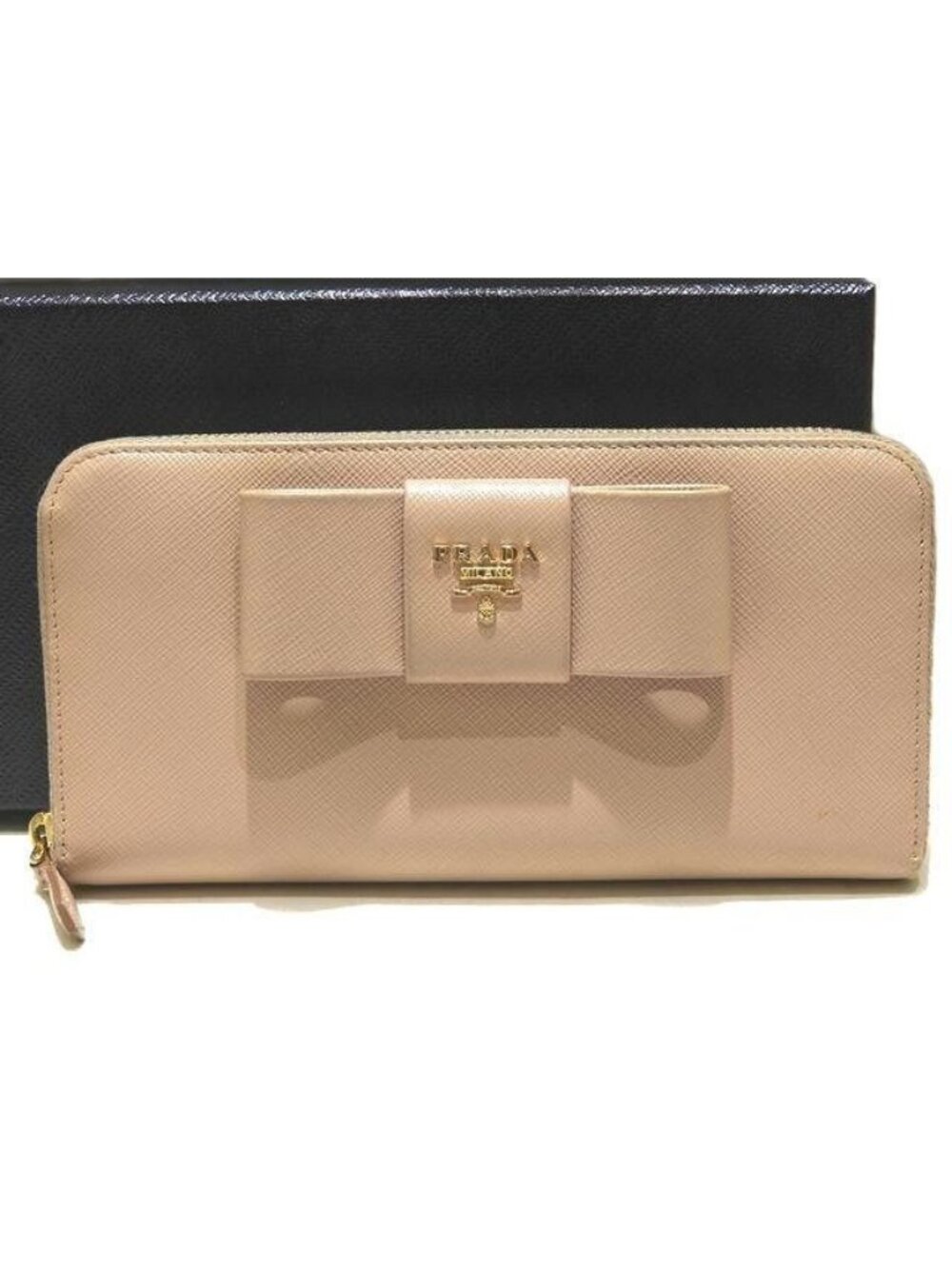 Prada Zip Around Wallet Ribbon Pink Beige Saffiano Leather Gold